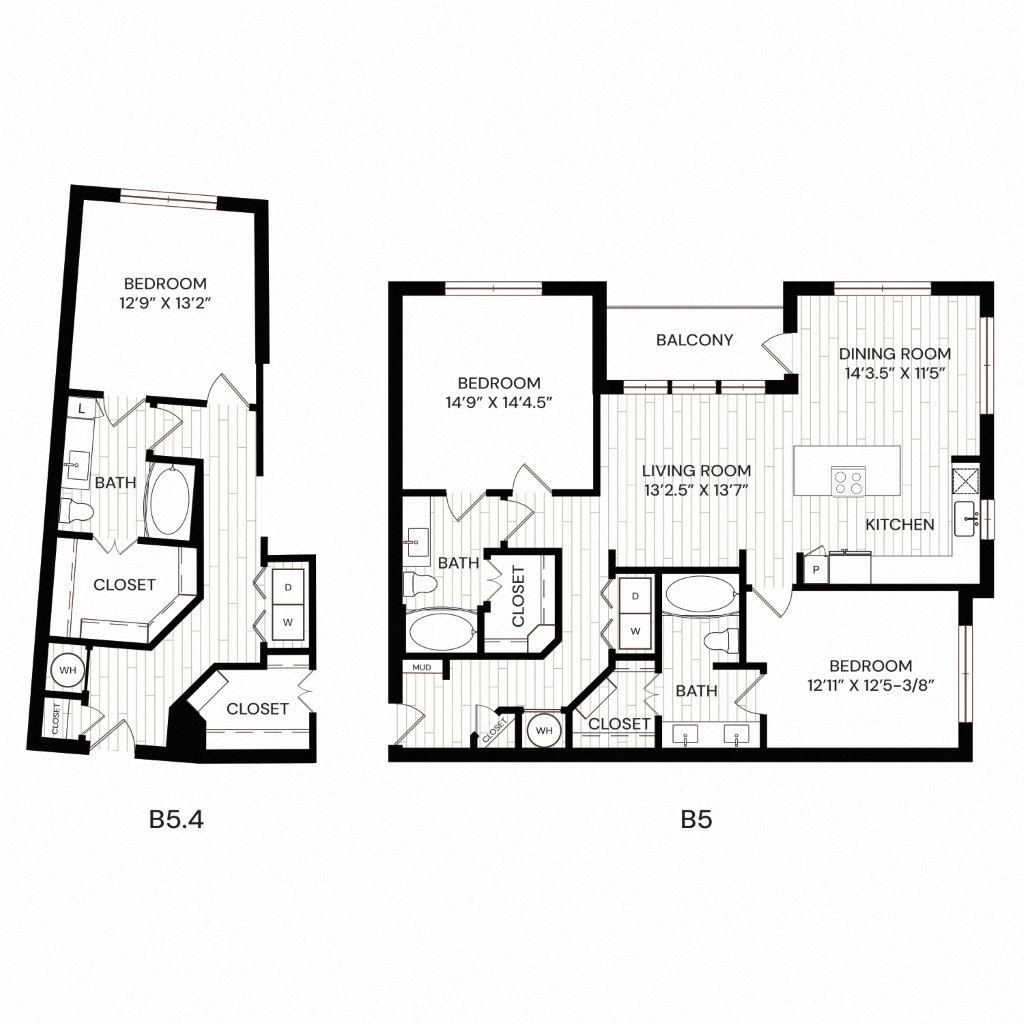 Floor plan for 2 beds, 2 baths, 1283 sqft